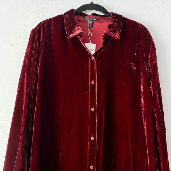 NWT Eileen Fisher Dark Cranberry Velvet Tunic Button Down Blouse Small - Picture 4 of 13